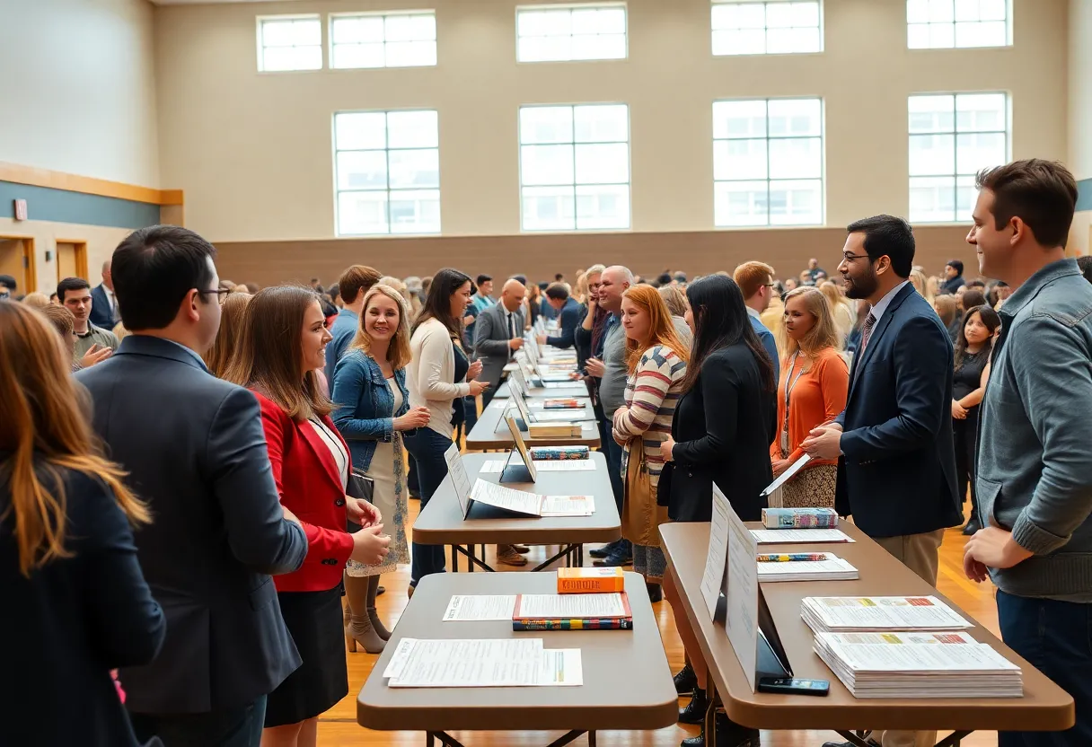 Diverse teachers and staff at a school hiring fair with tables, banners, and application packets in a gymnasium.