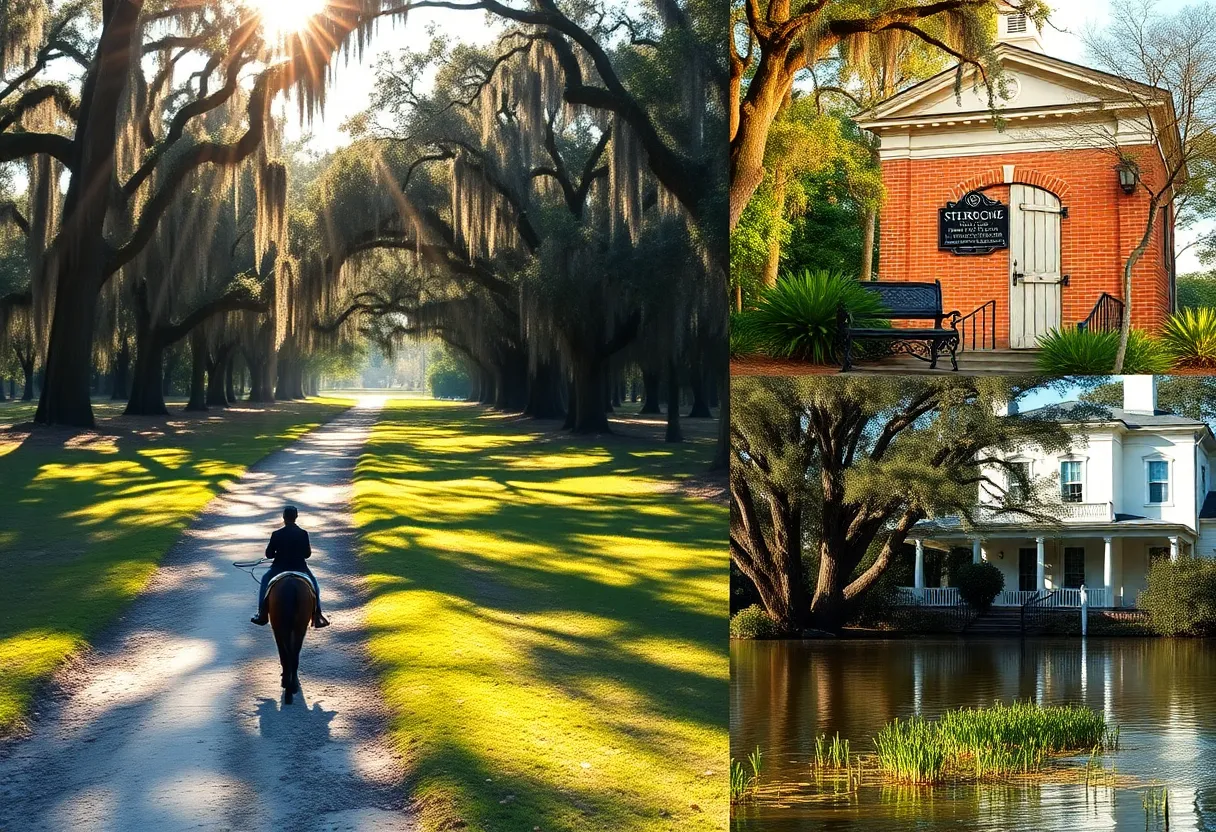Oak forest trail, historic marker and mansion with a river canoe scene representing Aiken's history and nature