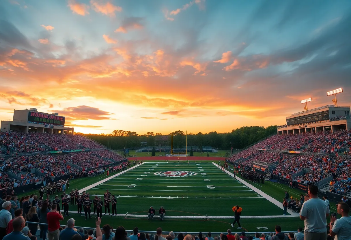 A high school football stadium at sunset with crowd, band, cheerleaders and Homecoming banners