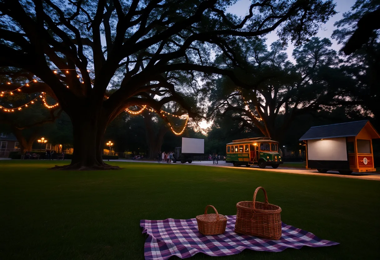Twilight picnic and outdoor movie setup at Hopelands Gardens, Aiken with string lights and a vintage trolley in the background