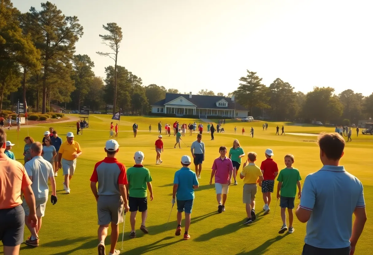 Young golfers competing in a summer junior tournament on a manicured course near Aiken, South Carolina.