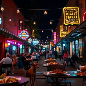 Downtown Aiken restaurants at night with outdoor seating, string lights, and warm neon signs