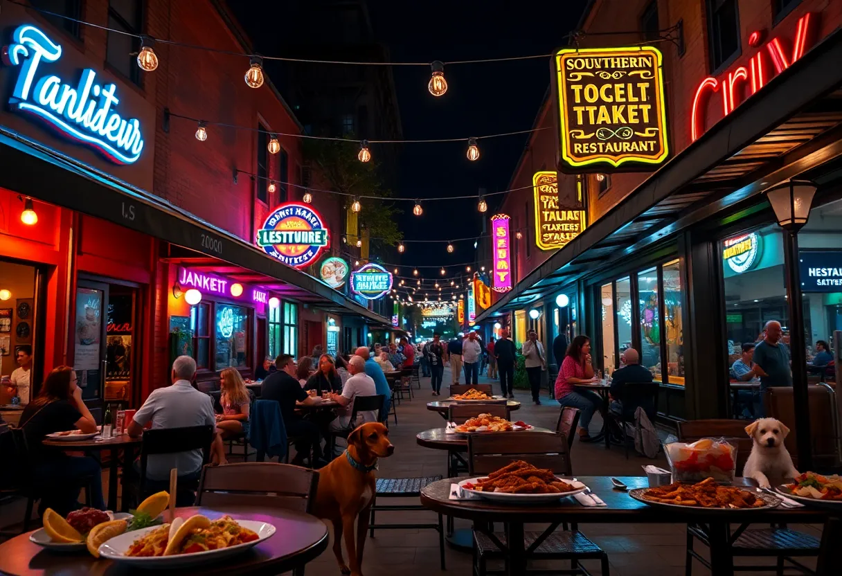 Downtown Aiken restaurants at night with outdoor seating, string lights, and warm neon signs