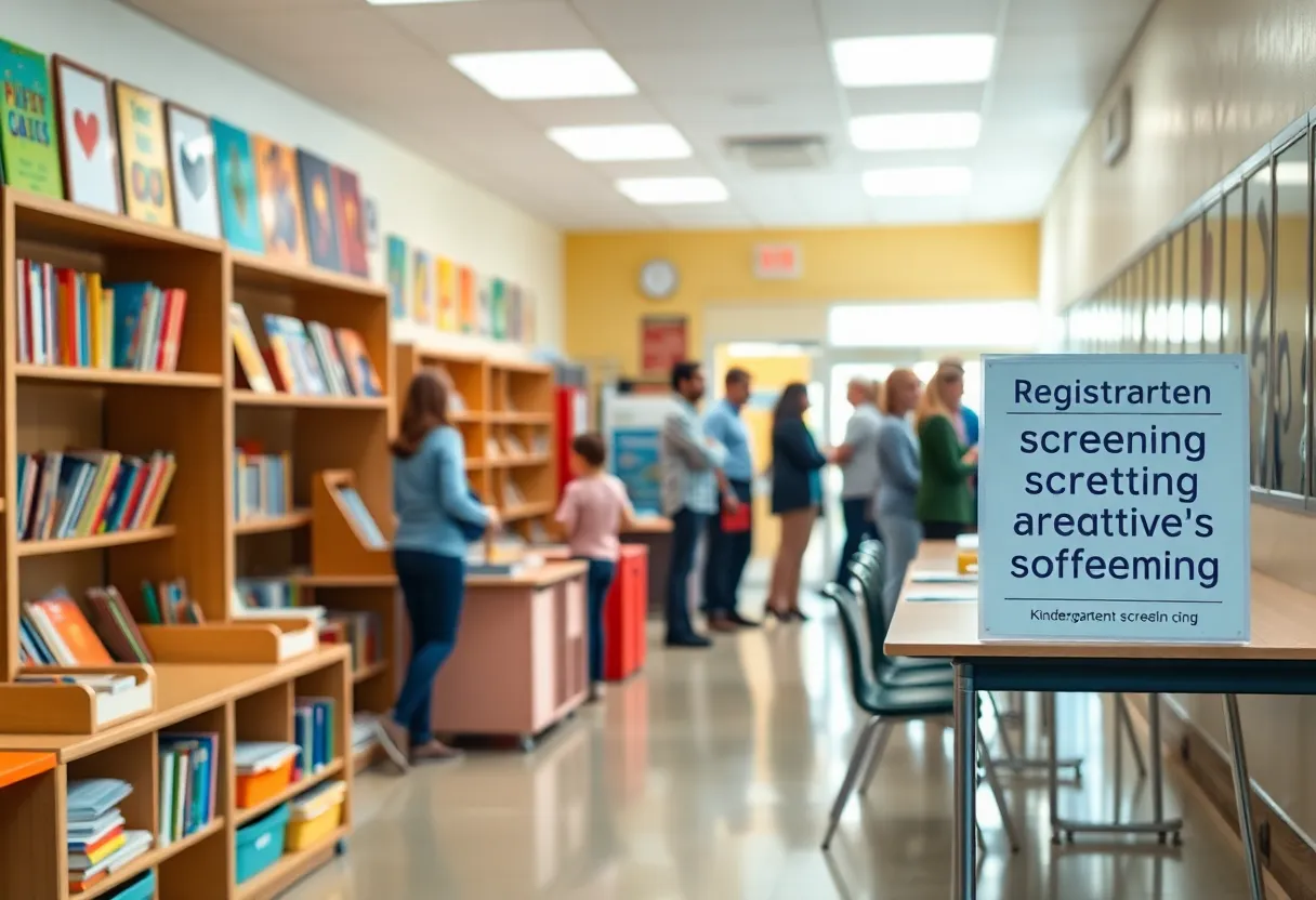 Bright school hallway with bookshelves, reading nook and a registration table for kindergarten screening