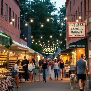 Evening farmers market in a lit alley with stalls, live music, and families with pets