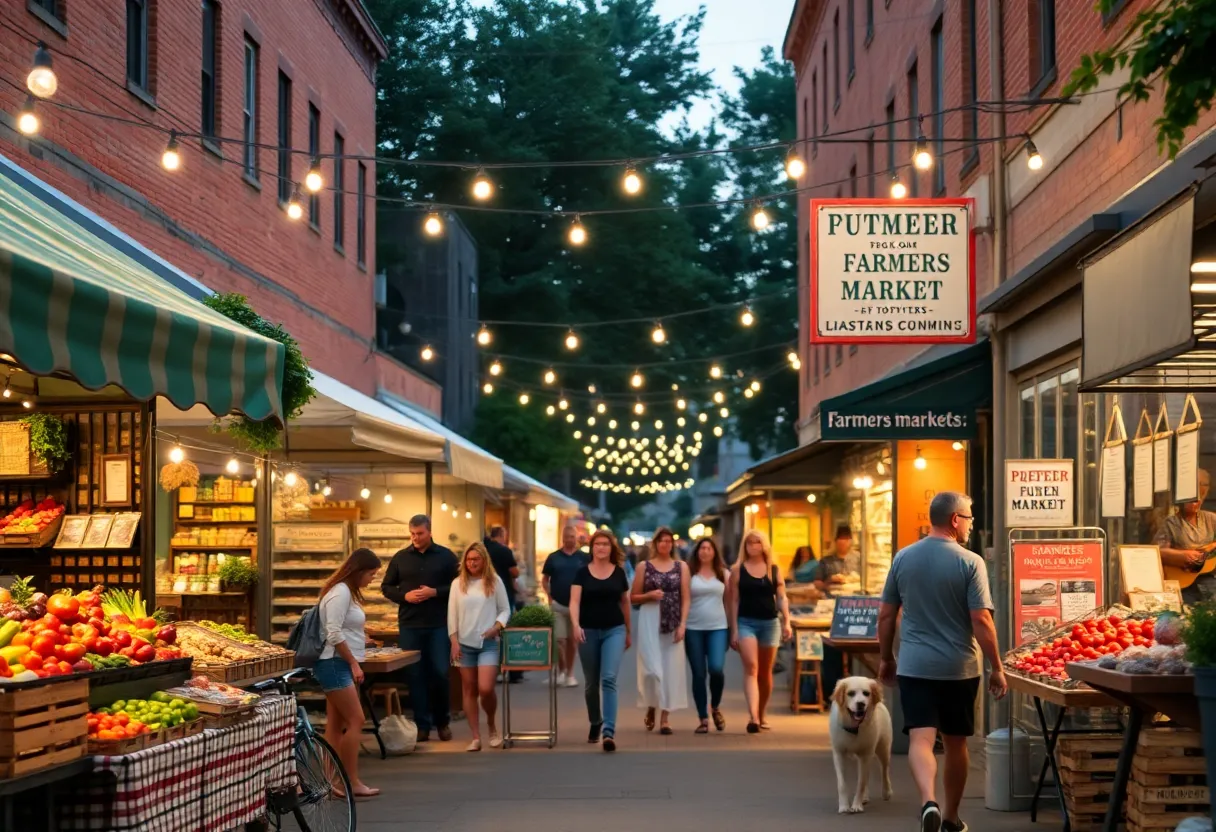 Evening farmers market in a lit alley with stalls, live music, and families with pets
