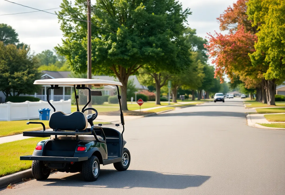 A neighborhood in Aiken with a parked golf cart and trees