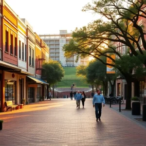 Downtown Aiken street with new mixed-use buildings, boutique shops, outdoor seating and a hotel under construction