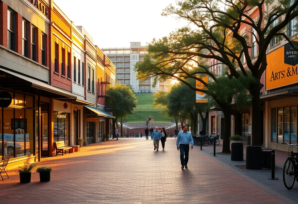 Downtown Aiken street with new mixed-use buildings, boutique shops, outdoor seating and a hotel under construction