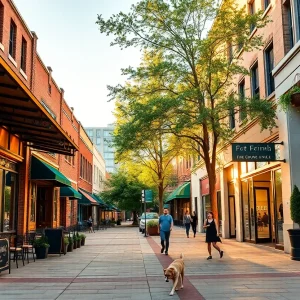 Street view of downtown Aiken with new restaurants, boutique storefronts and a small park