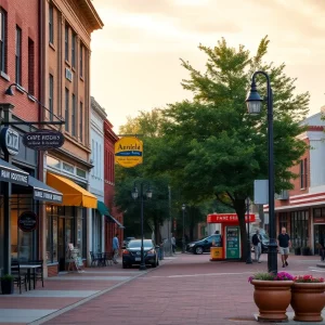Downtown Aiken streetscape with new storefronts, cafe seating and a small farm market