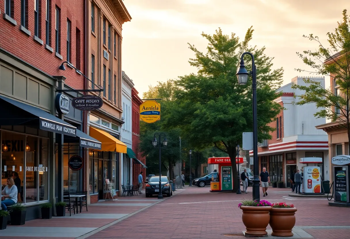 Downtown Aiken streetscape with new storefronts, cafe seating and a small farm market
