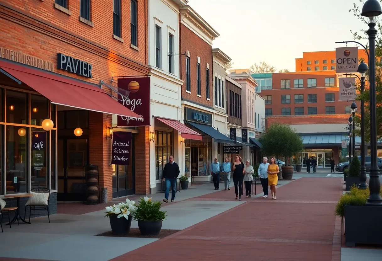 Mixed-use street scene in Aiken with new storefronts, food trucks, outdoor stage and apartment buildings
