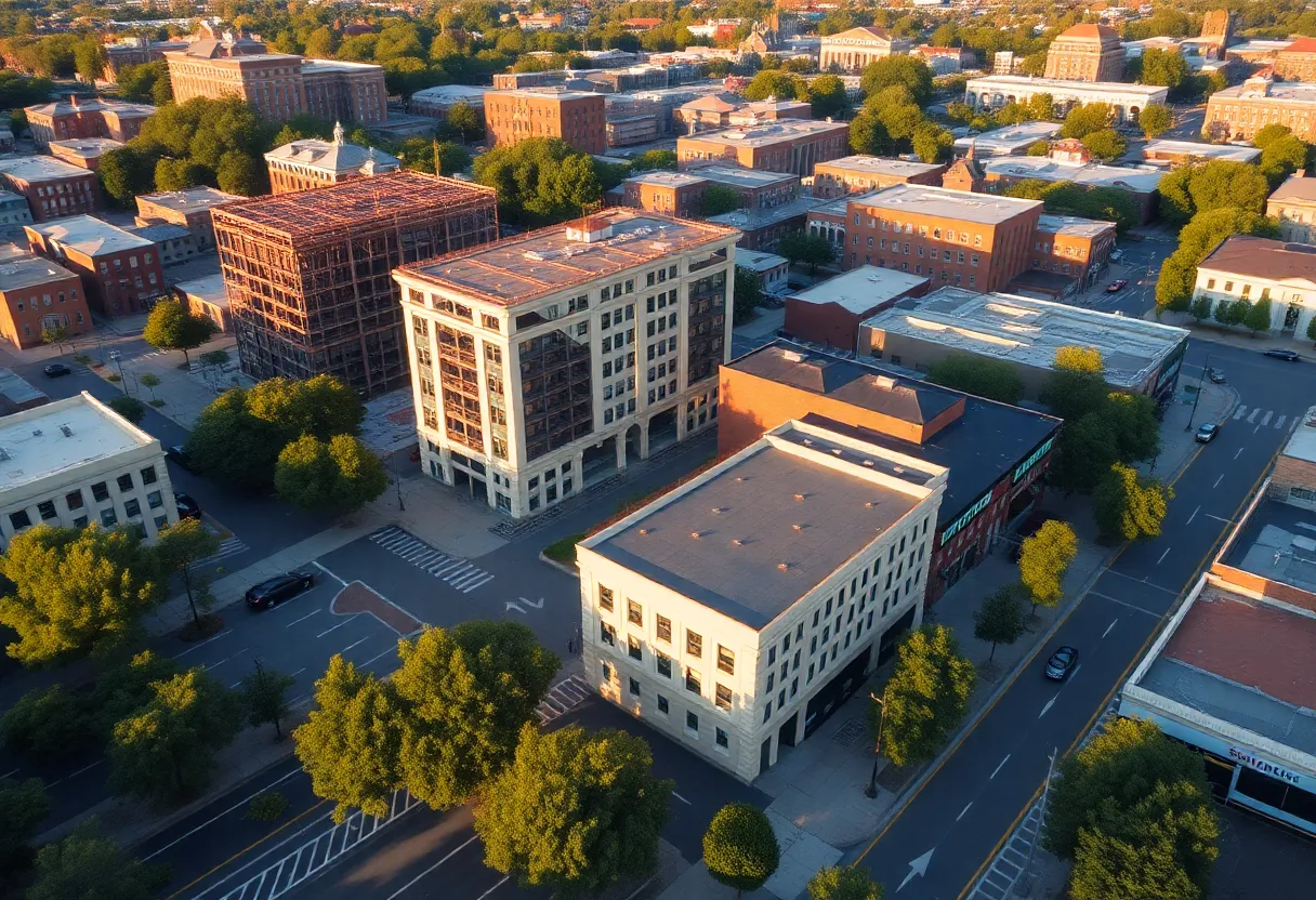 Aerial cityscape of Aiken showing new mixed-use buildings, apartments, hotel and central park under development