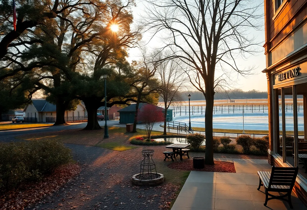 Hitchcock Woods trail, Hopelands Gardens pond, downtown cafe and distant polo field in Aiken during the off-season