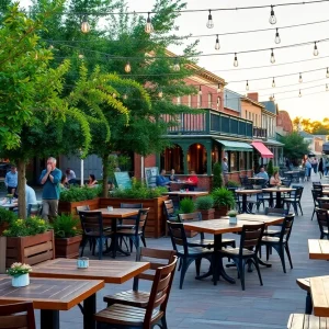 Outdoor patio dining with string lights, potted plants and historic buildings in downtown Aiken