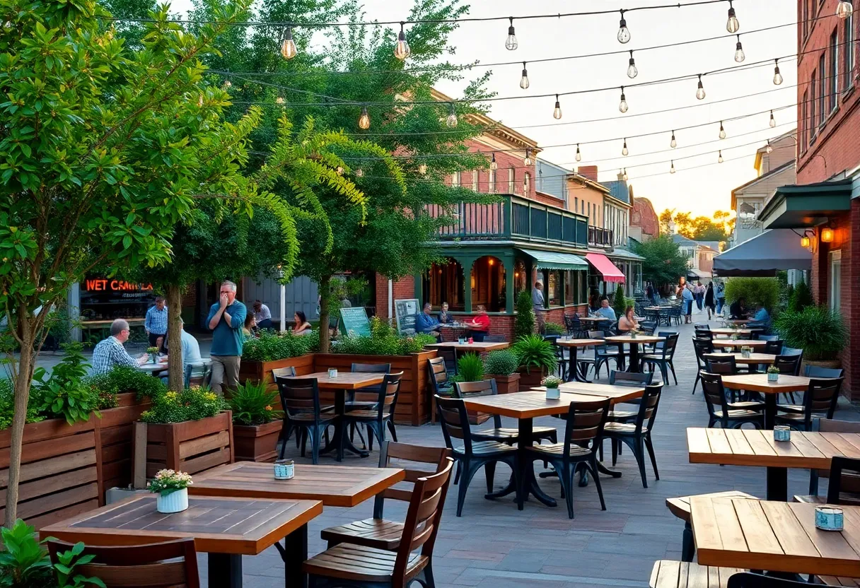 Outdoor patio dining with string lights, potted plants and historic buildings in downtown Aiken