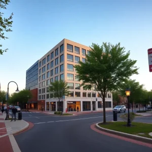 Rendering of downtown street with new 4-story parking garage, surface lot, upgraded signage and tree-lined pedestrian Promenade