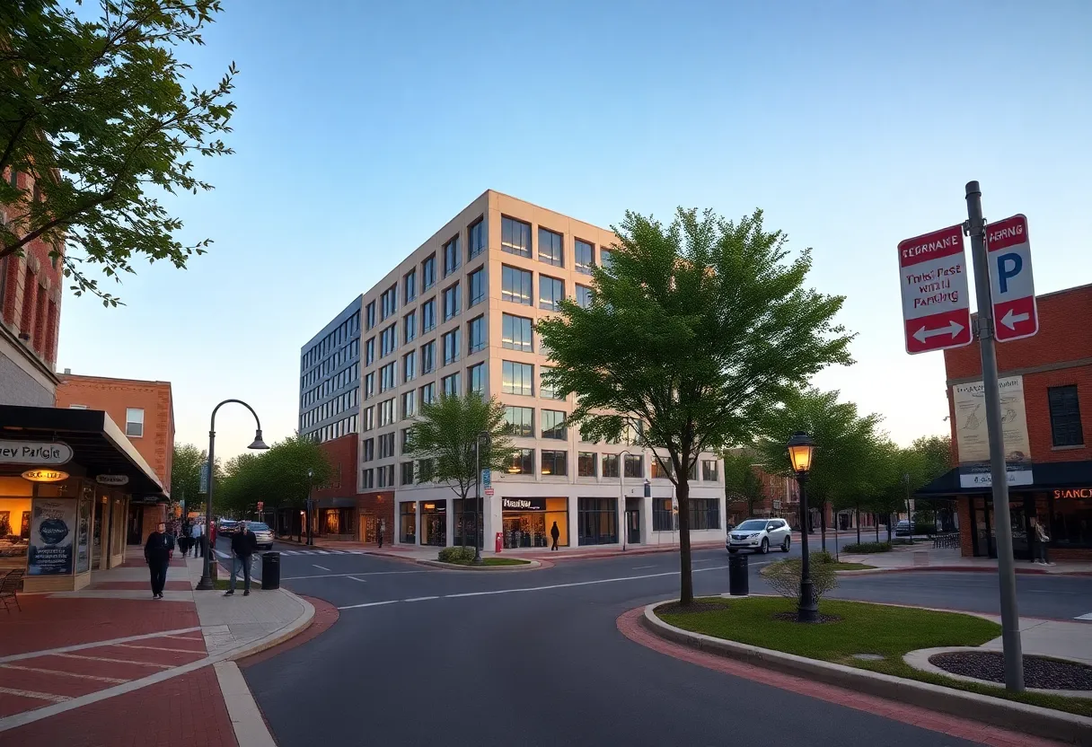 Rendering of downtown street with new 4-story parking garage, surface lot, upgraded signage and tree-lined pedestrian Promenade