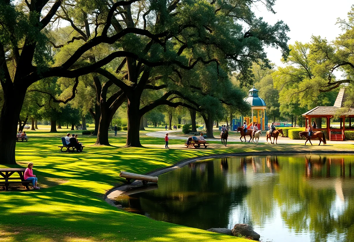Park scene in Aiken with live oaks, pond, picnic blankets and pony rides