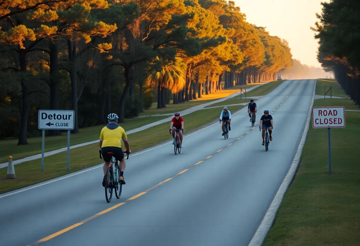 Cyclists riding on a wide shoulder detour road in Aiken with detour signs and trees