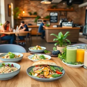 Colorful plant-based dishes on a wooden table in a cozy Aiken café