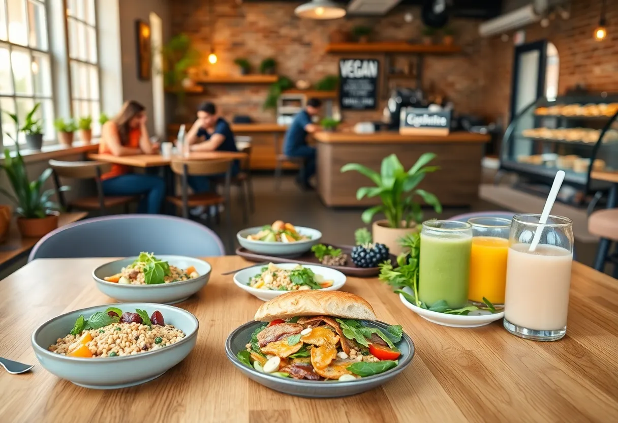 Colorful plant-based dishes on a wooden table in a cozy Aiken café