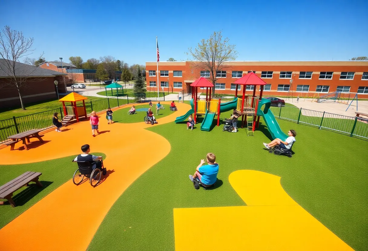 Inclusive school playground with poured-rubber surfacing, ramps, modern play equipment and children playing
