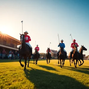 Horses and players competing in a polo match on a sunny day at an Aiken polo field with spectators on the sidelines.
