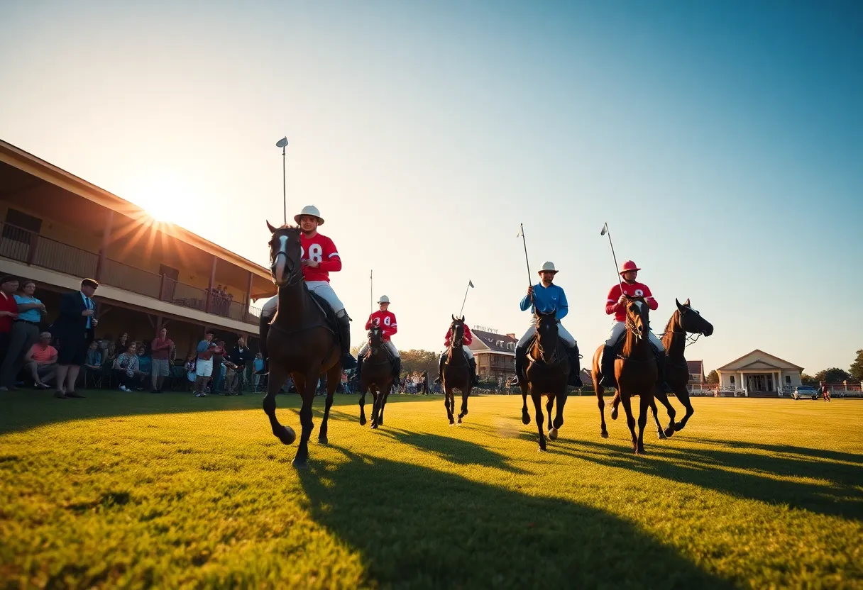 Horses and players competing in a polo match on a sunny day at an Aiken polo field with spectators on the sidelines.