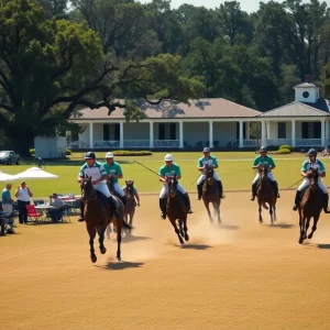Horses and players competing in a polo match at Whitney Field with tailgating spectators and pavilion