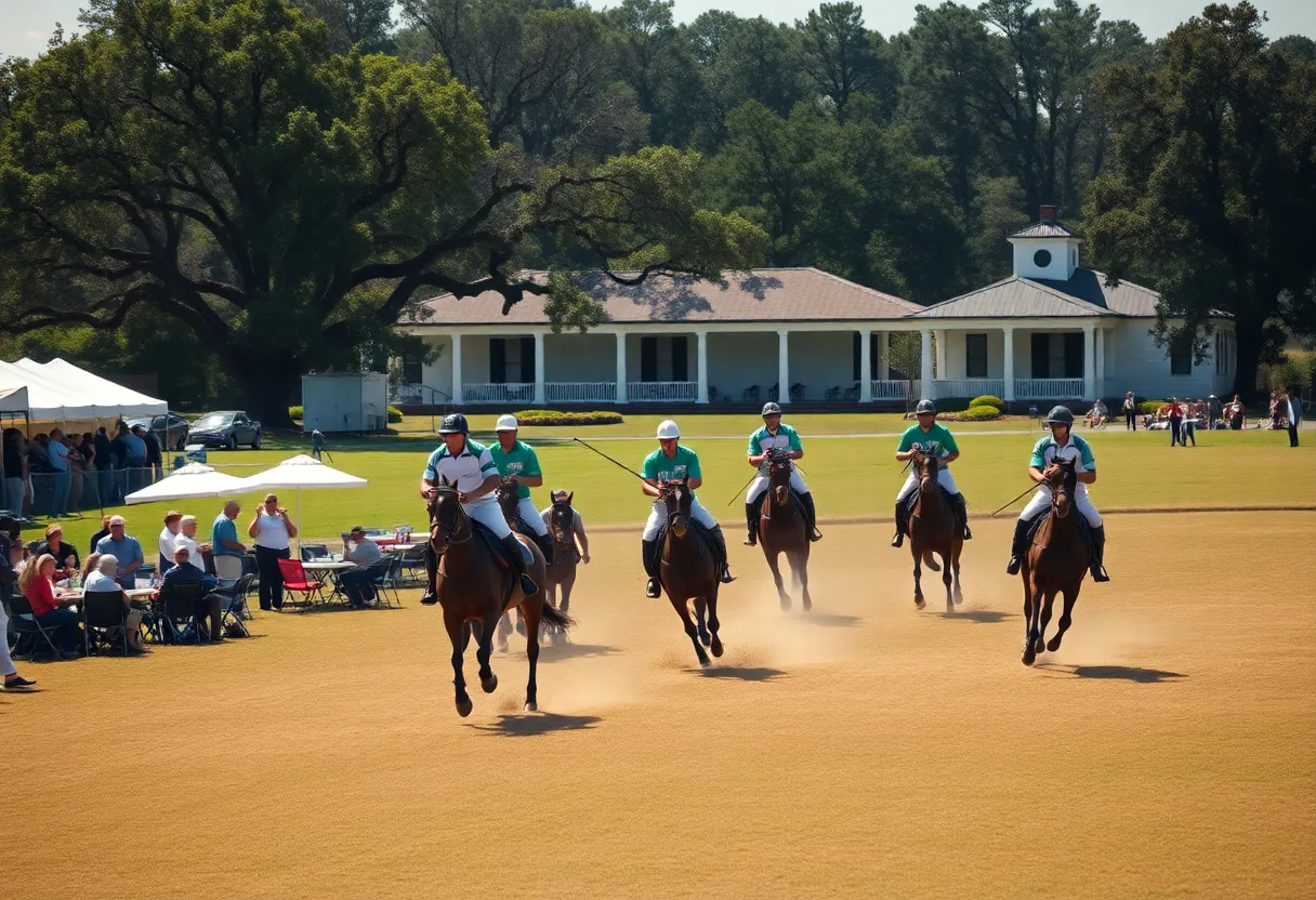 Horses and players competing in a polo match at Whitney Field with tailgating spectators and pavilion