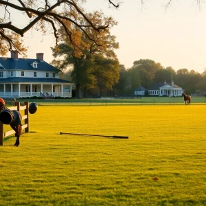 Empty Aiken polo field with helmets and mallets on a fence, clubhouse and grazing horses in the background