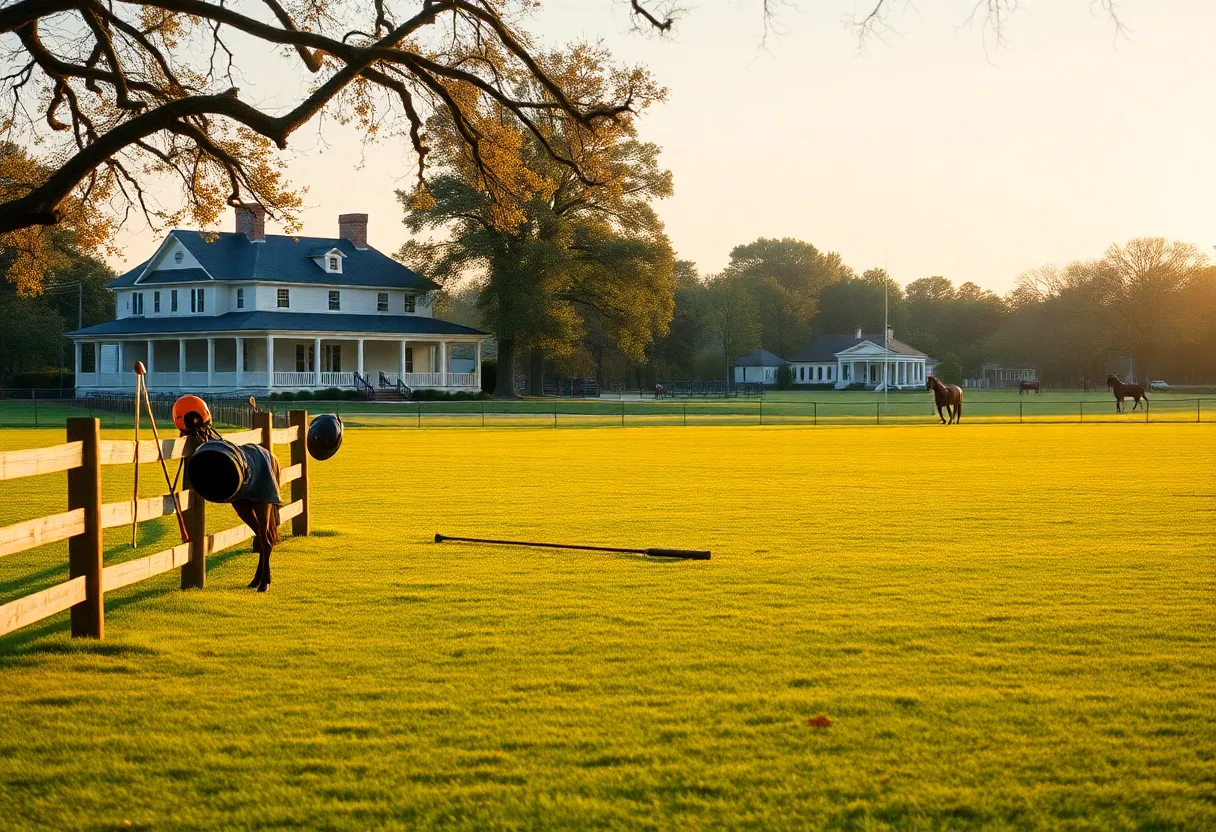 Empty Aiken polo field with helmets and mallets on a fence, clubhouse and grazing horses in the background