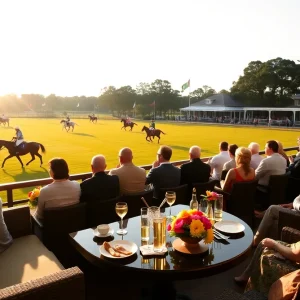 Private hospitality box with seating and catering overlooking a polo match at Aiken Polo Club during golden hour