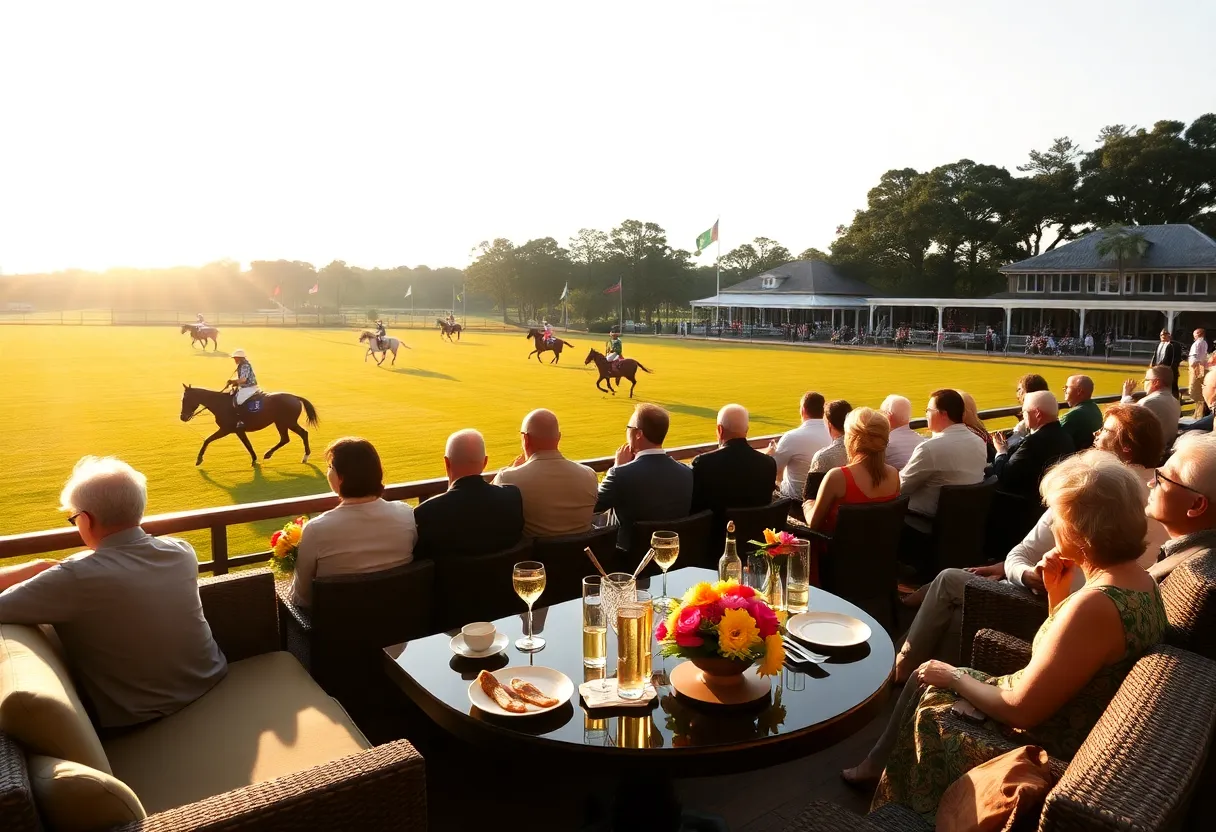 Private hospitality box with seating and catering overlooking a polo match at Aiken Polo Club during golden hour