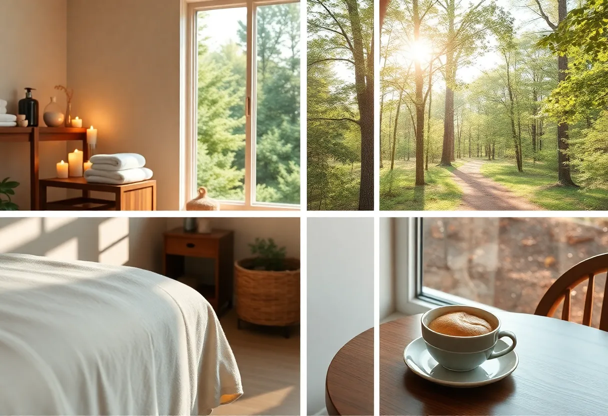 Spa room, wooded trail, and quiet café representing relaxing weekend activities in Aiken, South Carolina