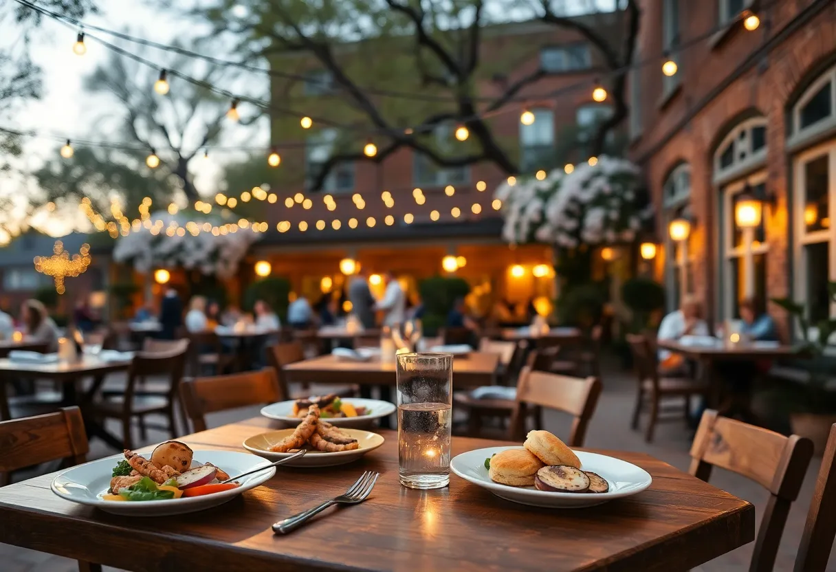 Outdoor courtyard dining in Aiken with seasonal Southern dishes, fairy lights, and brick Victorian backdrop