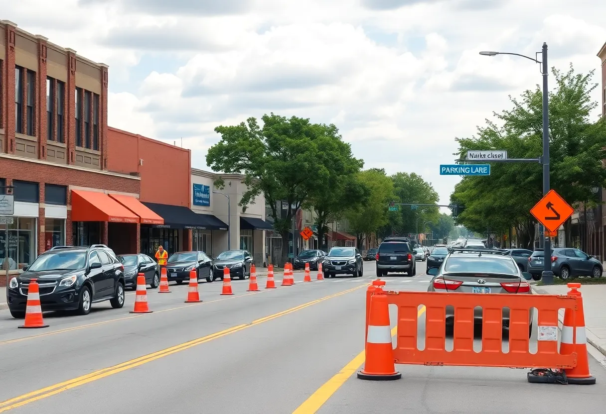 Downtown street with traffic cones and lane closures, workers in high-visibility vests, and parked cars on adjacent streets