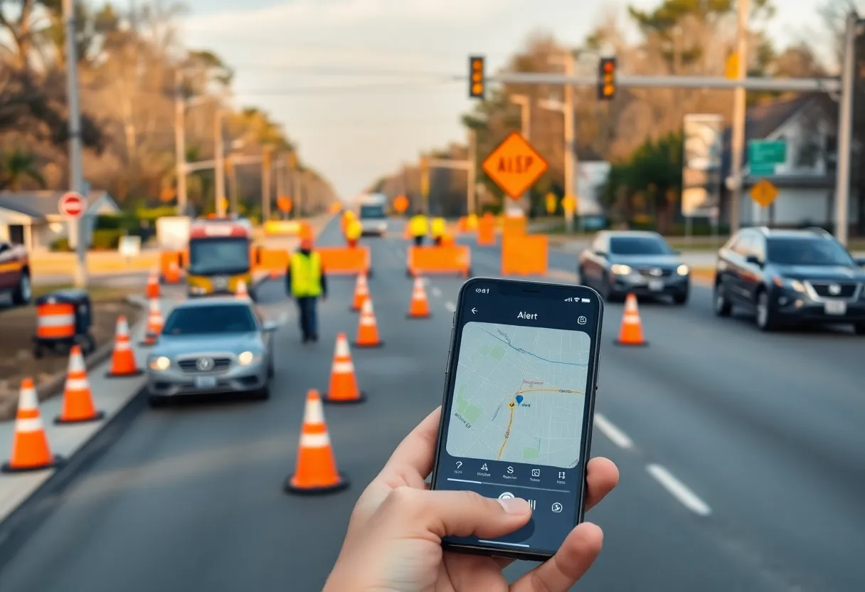 Barricade and traffic cones on an Aiken street with smartphone showing a road closure alert