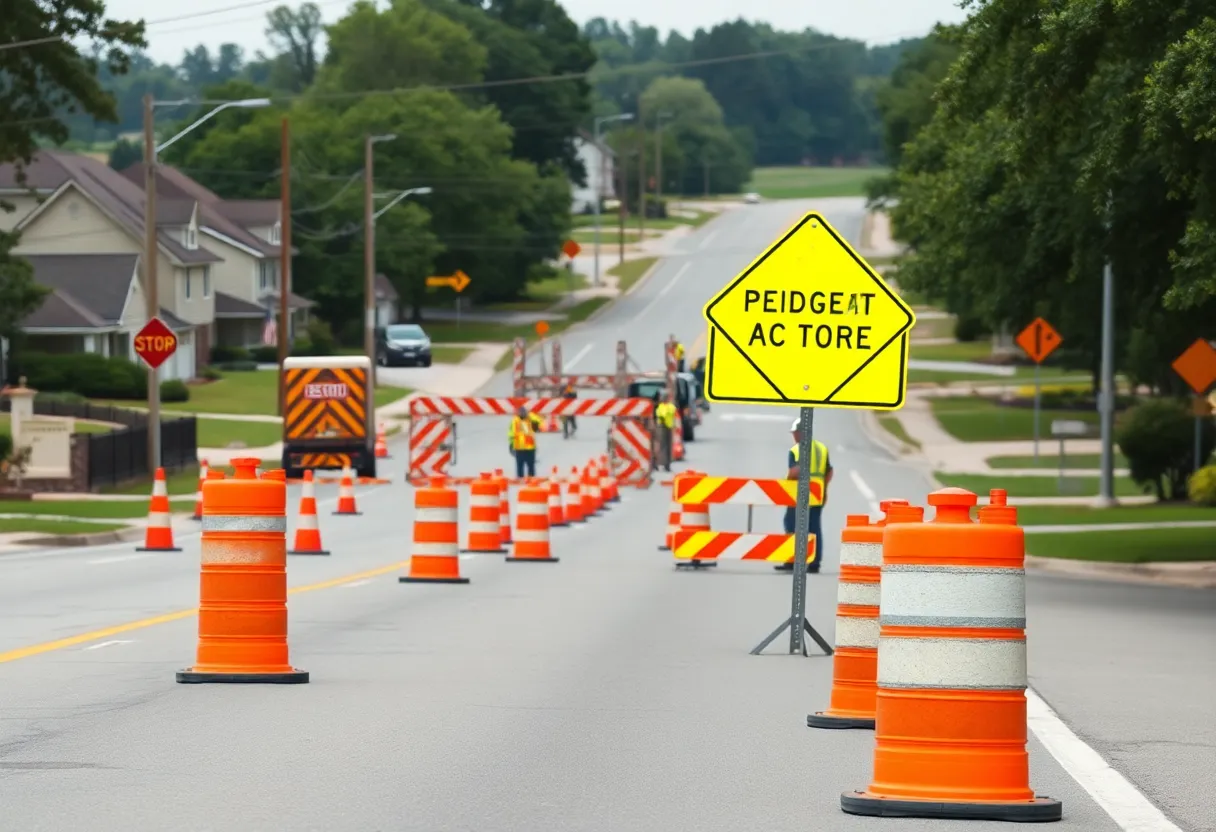Detour signs, orange cones and bridge repair work on an Aiken street