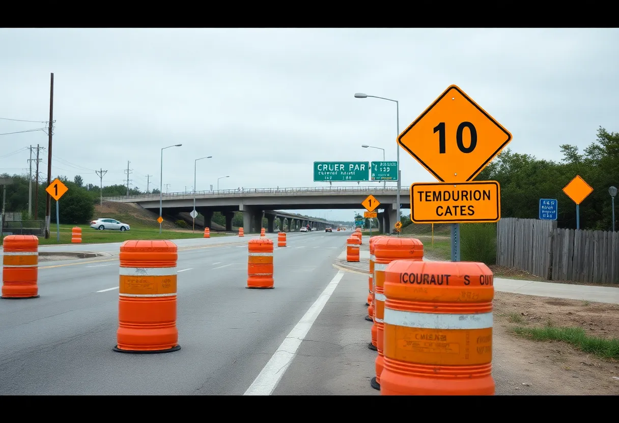 Roadwork with orange barrels and detour signs near a bridge in Aiken, South Carolina