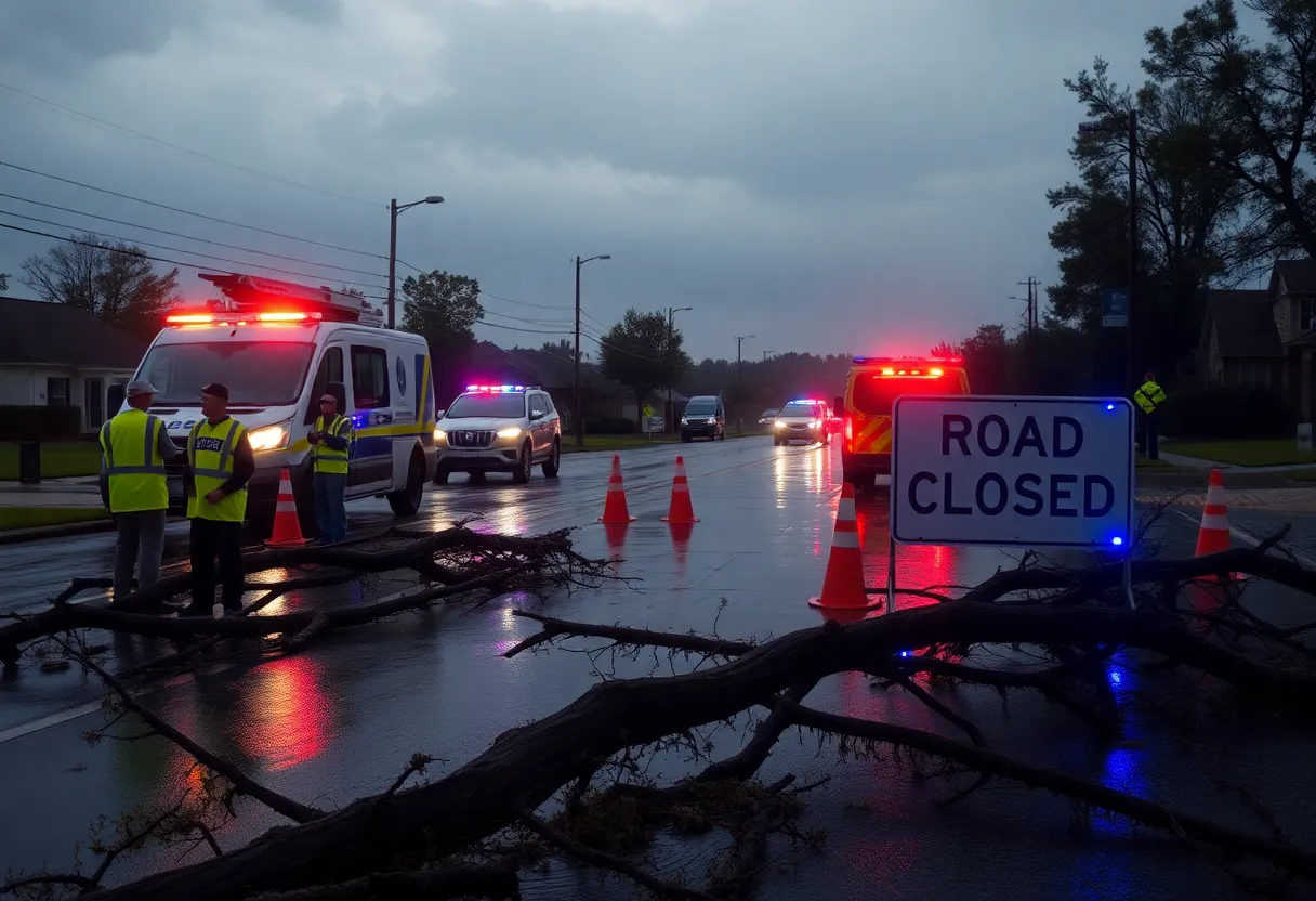 Emergency vehicles and crews at a road closure on a flooded Aiken street
