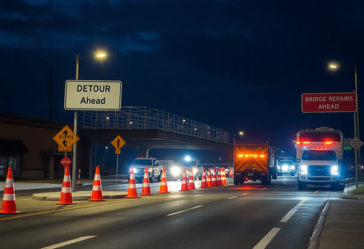 Nighttime bridge repair site in Aiken with work lights, cones, detour signs, and equipment