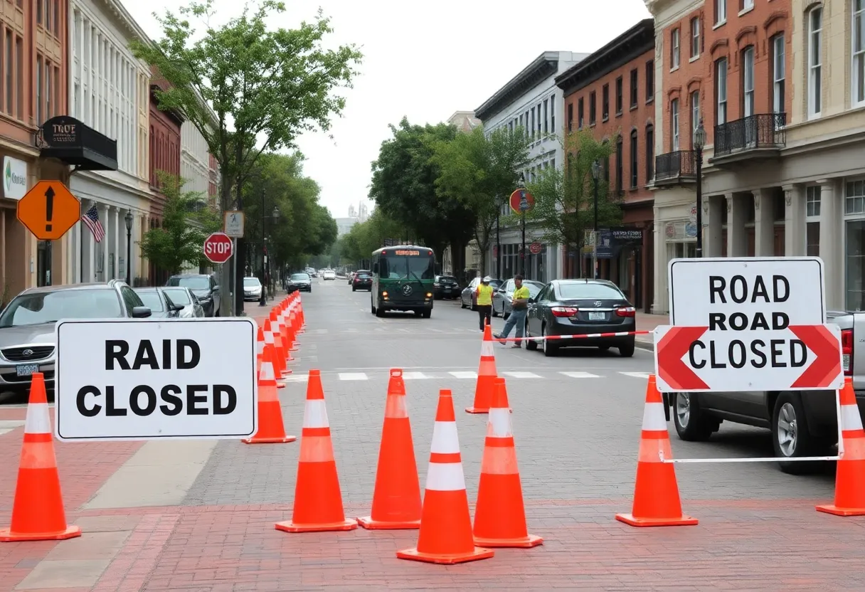 Downtown street in Aiken with road closed signs, cones, parked cars on side streets and a shuttle bus in the distance