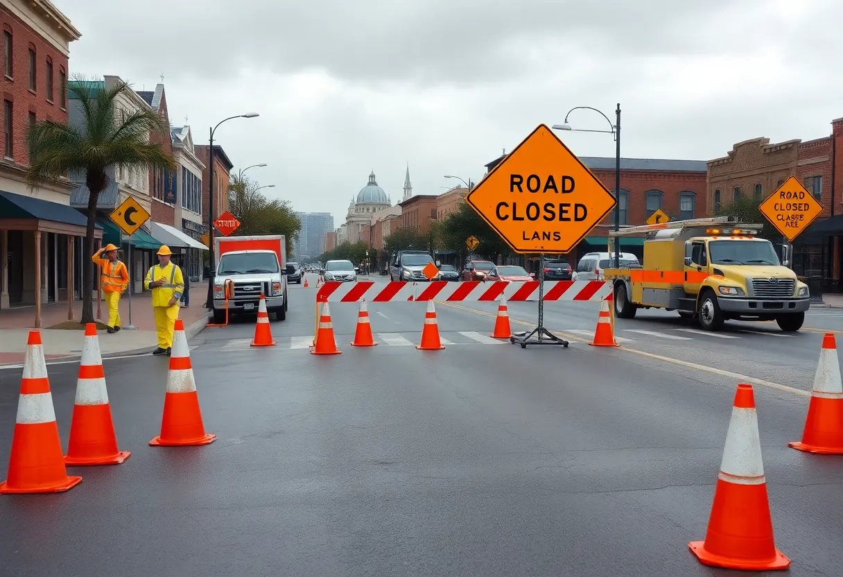 Closed street in Aiken with detour signs, traffic cones and maintenance vehicles
