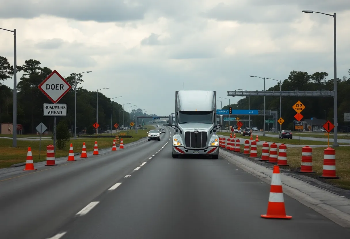 Commercial truck approaching roadwork with detour signage near Aiken, South Carolina