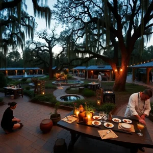 Artisan demonstrations and an outdoor chef's tasting table in a twilight garden setting in Aiken