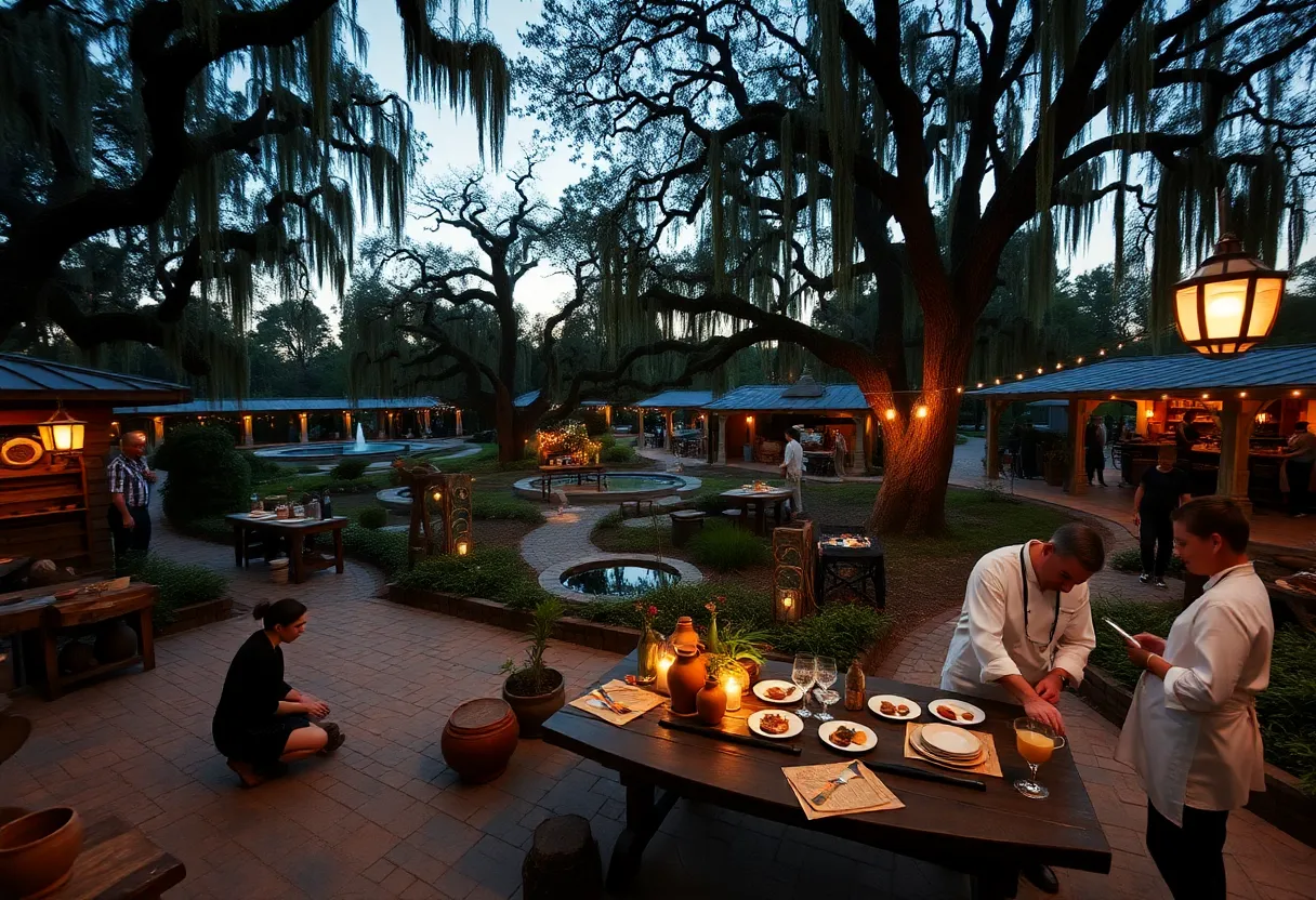 Artisan demonstrations and an outdoor chef's tasting table in a twilight garden setting in Aiken