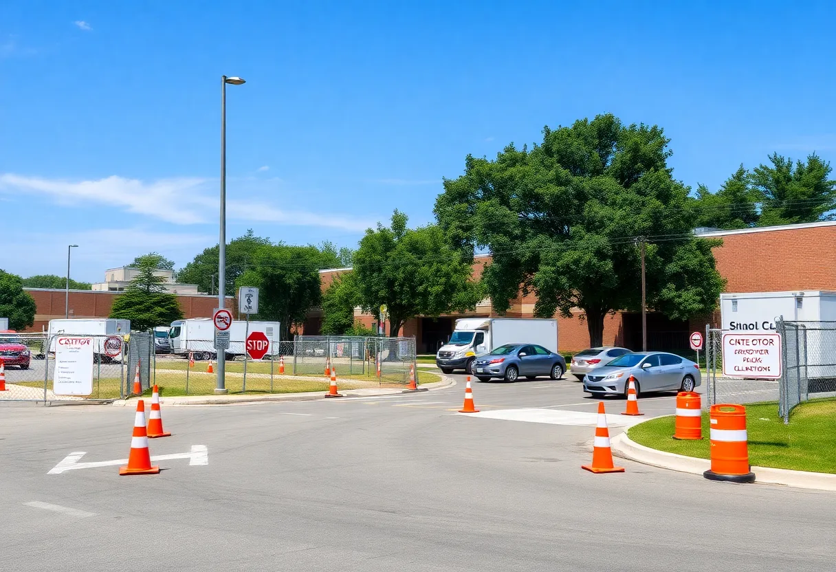 School construction site with safety cones, fenced work areas and adjusted traffic flow during summer 2025